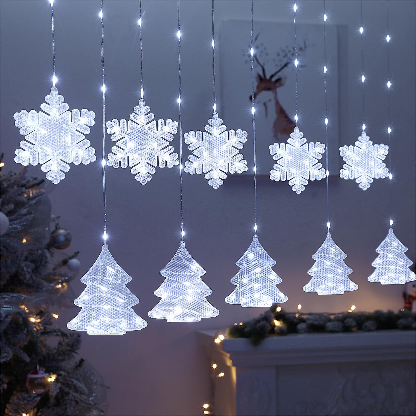 BLOOMWIN Christmas Window Lights Indoor - 2M 160 LED Christmas Window Decorations, Snowflake Curtain Hanging Fairy String Icicle Lights for Xmas Noel Bedroom Holiday Home Outdoor, Cold White USB