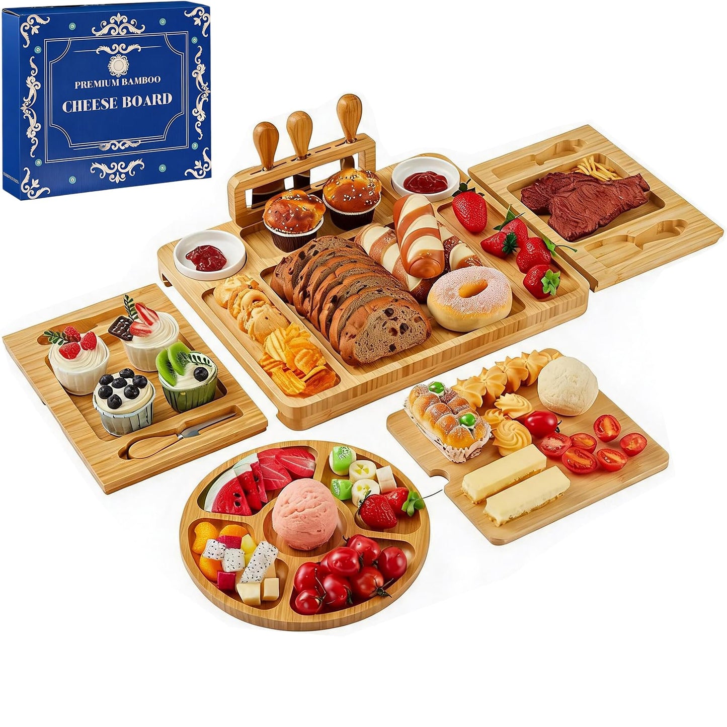 Bamboo Charcuterie Boards Gift Set, Large Cheese Board with Knives for Serving Meat & Cheese Platter, House Warming Gifts New Home, Wedding Gift for Couple, Bridal Shower, Birthday Gift for Women