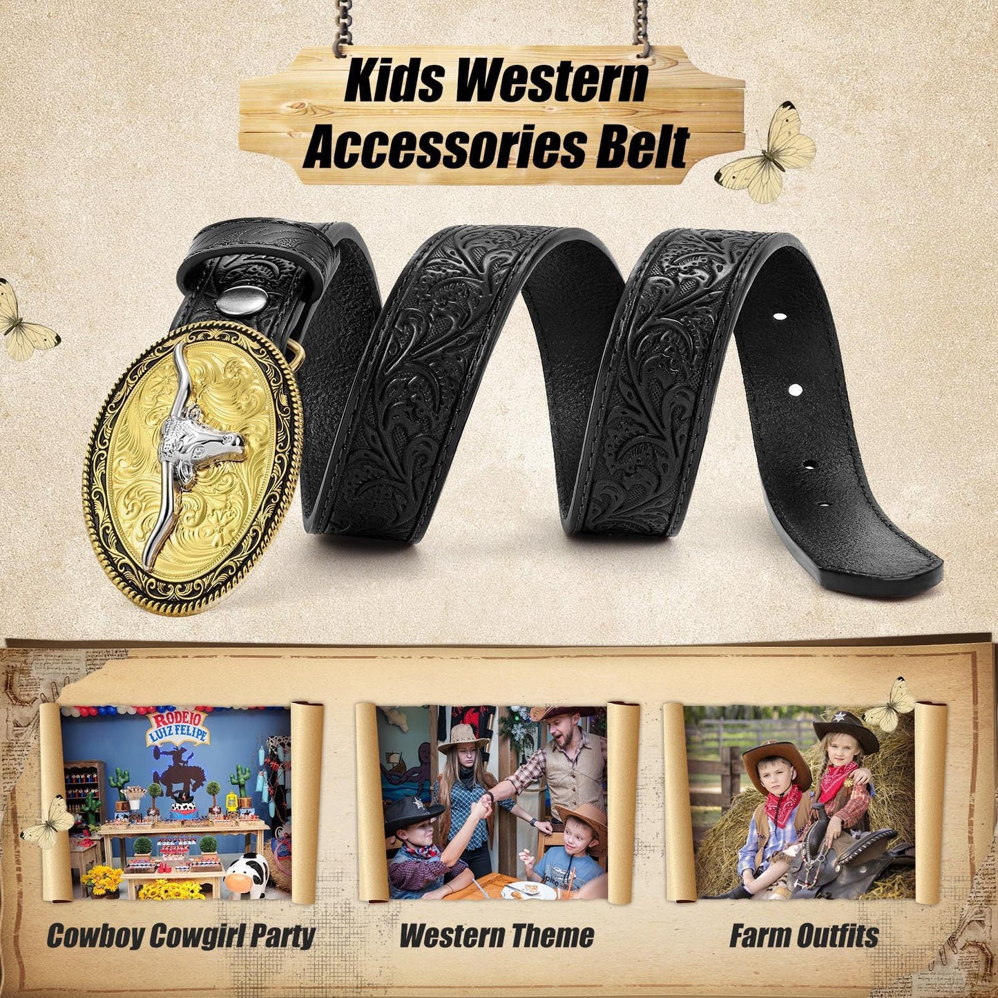 JKEEMI Kids Western Belt for Boys Girls, Embossed Genuine Leather Cowboy Cowgirl Belt for Jeans Pant Dresses Gift