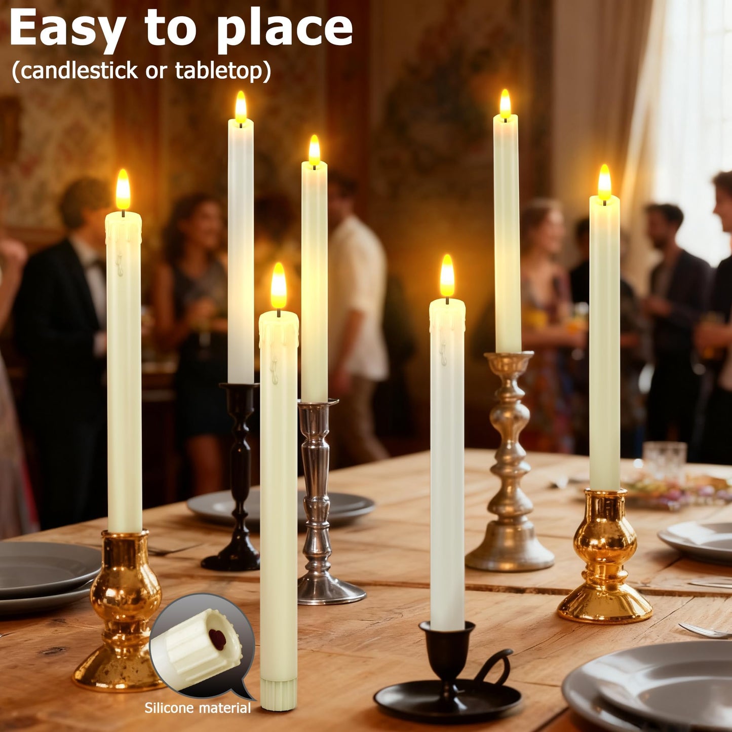 HL Flameless Taper Candles with Remote Timer, 450H+ Battery Operated LED Candlesticks, Warm 3D Flickering Flame, 9.6" Window Sticks Candles for Halloween Christmas Home Decor（Ivory 6PCS）