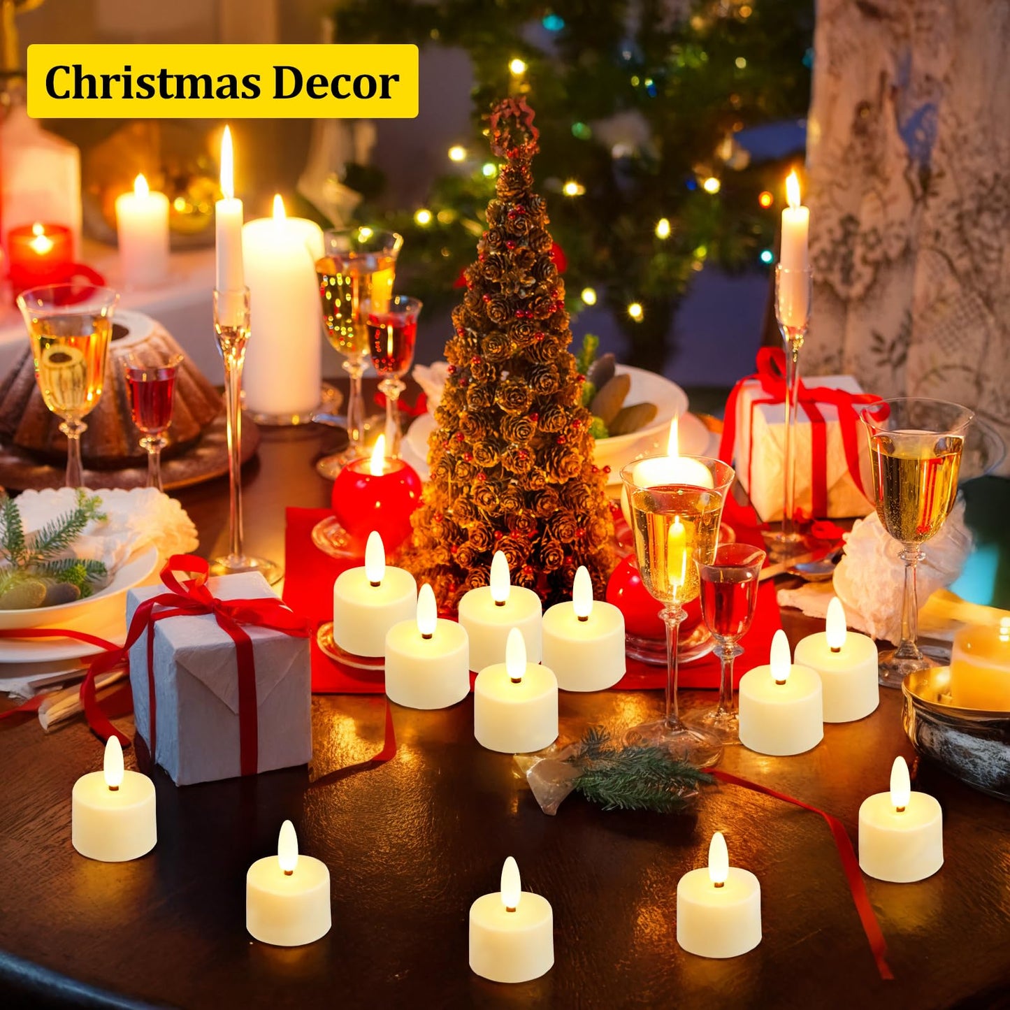IMAGE 12-Pack Rechargeable Flameless Tea Lights with Charging Base Remote & Timer, Realistic 3D Flickering LED Candles for Home Decor, Weddings, Halloween and Christmas(1.53" x 2.17")