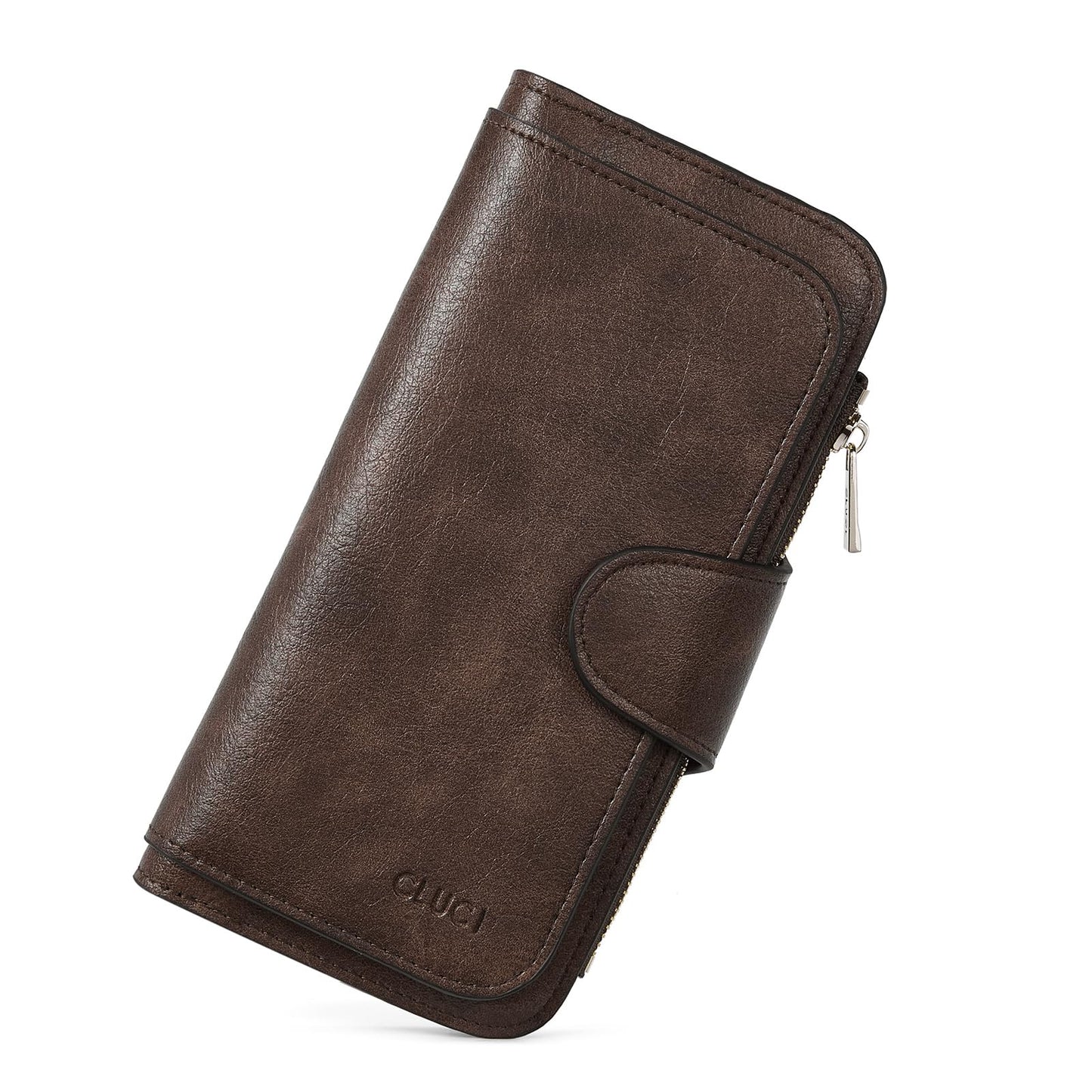 CLUCI Women Wallet Leather RFID Blocking Designer Trifold Card Holder Ladies Clutch with ID Window Oil wax Two-toned Coffee
