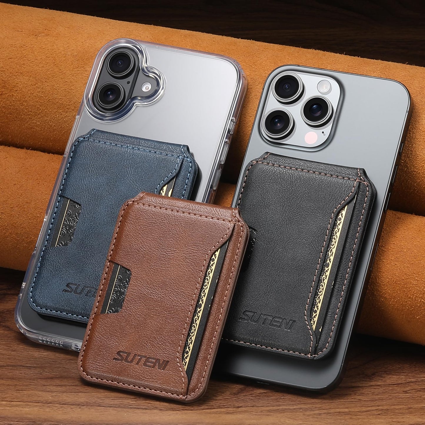 HXY Magnetic Card Holder Wallet for iPhone, Compatible with MagSafe, PU Leather Minimalist Slim Card Holders Fit 3 Cards with Adjustable Stand for iPhone 16/15/14/13/12 Series, Not for Mini (Blue)