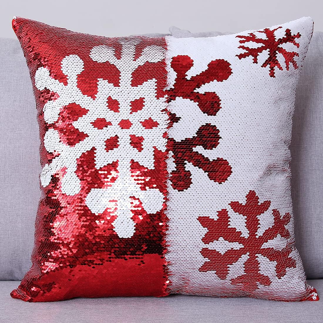 Gujiahone Bling Christmas Sequin Pillow Covers 18 x 18 Inches Set of 4 Red Reversible Sequins Pillow Case Magic Mermaid Throw Decorative Xmas Cushion Cover for Couch
