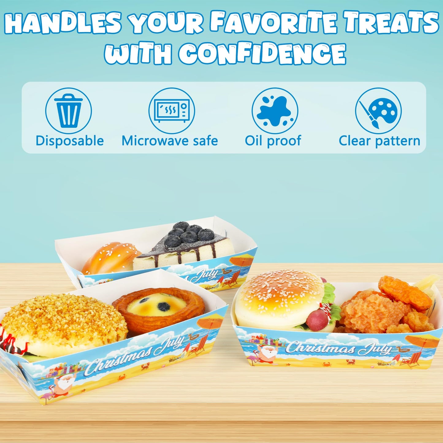 50Pcs Summer Christmas Paper Food Trays, Heavy Duty Disposable July Christmas Decorations Santa Food Boats, Serving Tray for Snack Sandwich Dessert Popcorn, Hawaii Theme Beach Pool Party Supplies