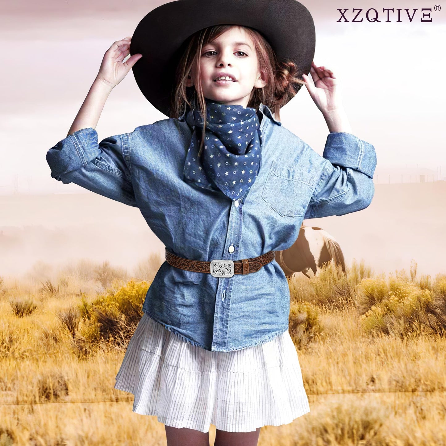 XZQTIVE Genuine Leather Belts for Boys Girls Vintage Kids Western Cowboy Cowgirl Belts Engraved Tooled Leather Belts,coffee