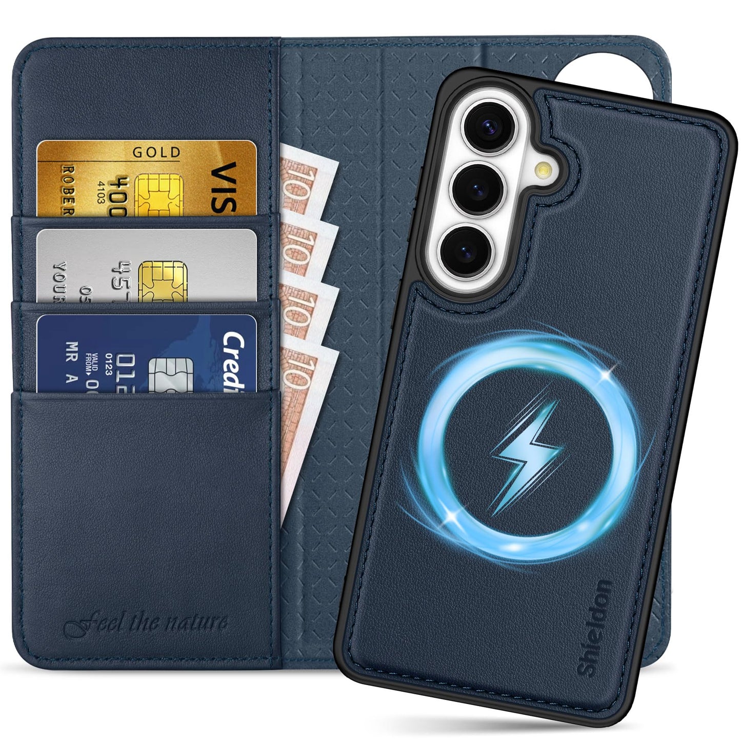 SHIELDON Real Leather Wallet Case for Galaxy S26+ 6.7", Detachable, RFID Blocking Credit Card Slot, Flip Magnetic Closure, Kickstand, Wireless Charging, Removable Shock Absorbing Cover - Navy Blue