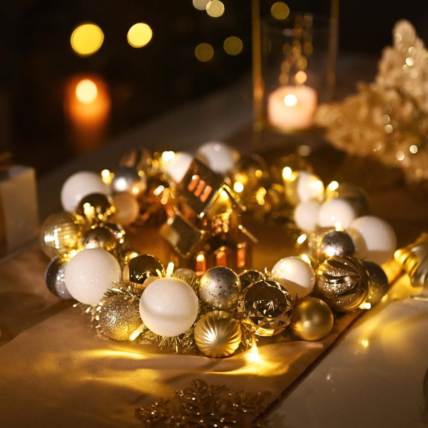 Valery Madelyn Pre-Lit Christmas Ball Wreath for Front Door with Lights, 13'' Lighted Battery Operates Christmas Door Wreath with White Gold Xmas Balls for Home Fireplace Window Table Indoor Decor