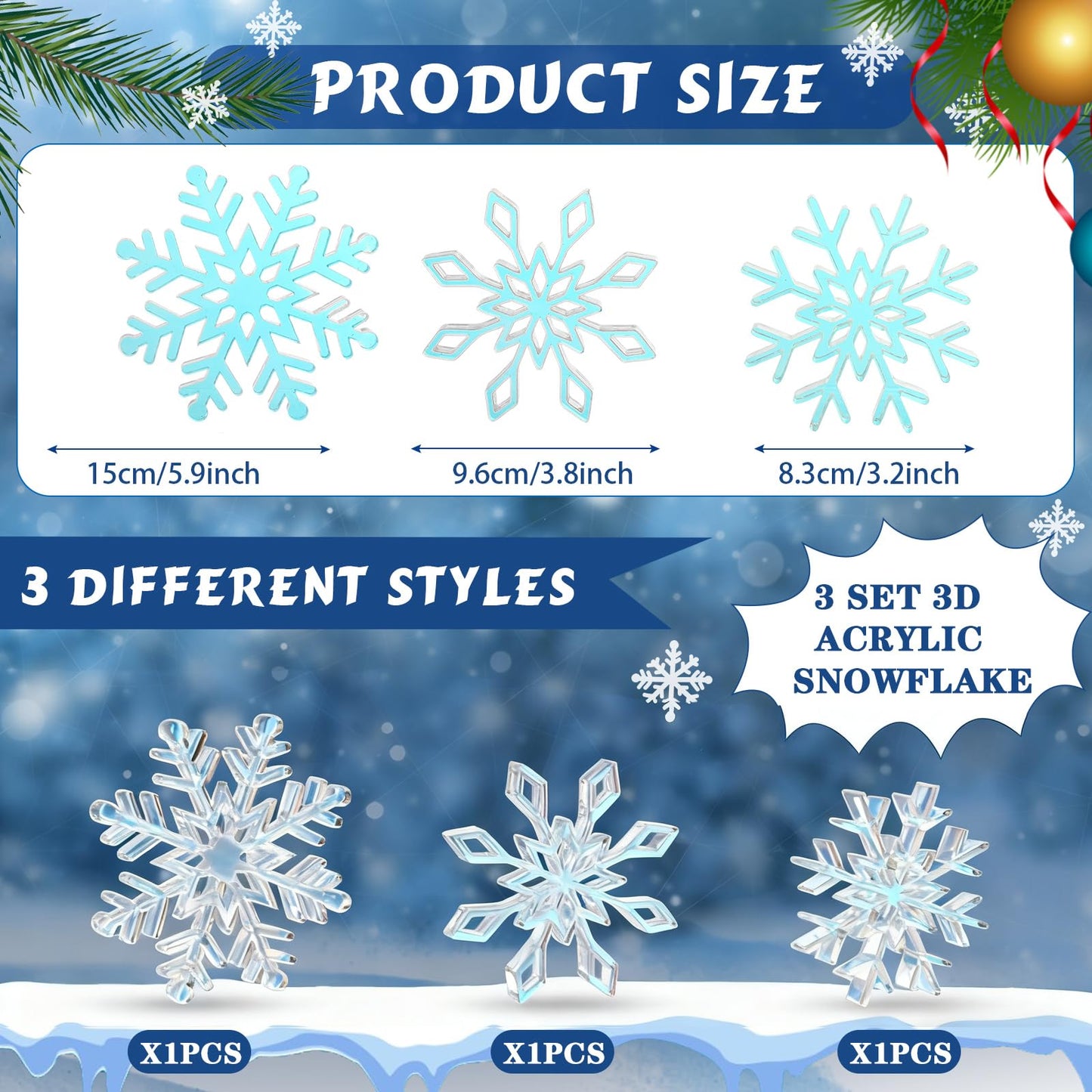 Fiwochic 3 Pcs Winter Iridescent Acrylic Snowflake Decorations 3D Acrylic Snowflake Table Signs Winter Centerpieces for Table Holiday Wedding New Year Party