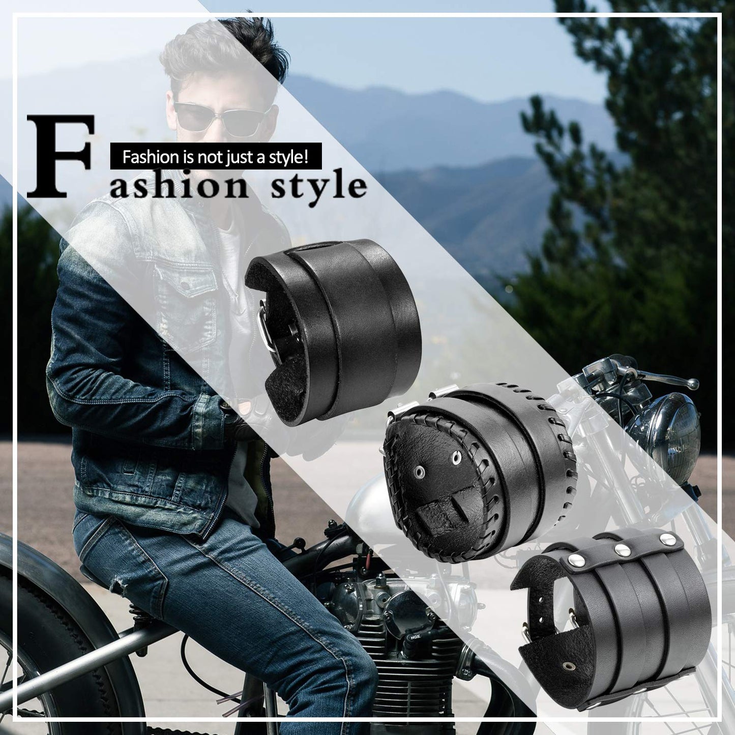 Cupimatch 3 Pcs Black Adjustable Leather Bracelet, Punk Rock Wide Leather Belt Cuff Bangle Wristband for Men for Father's Day