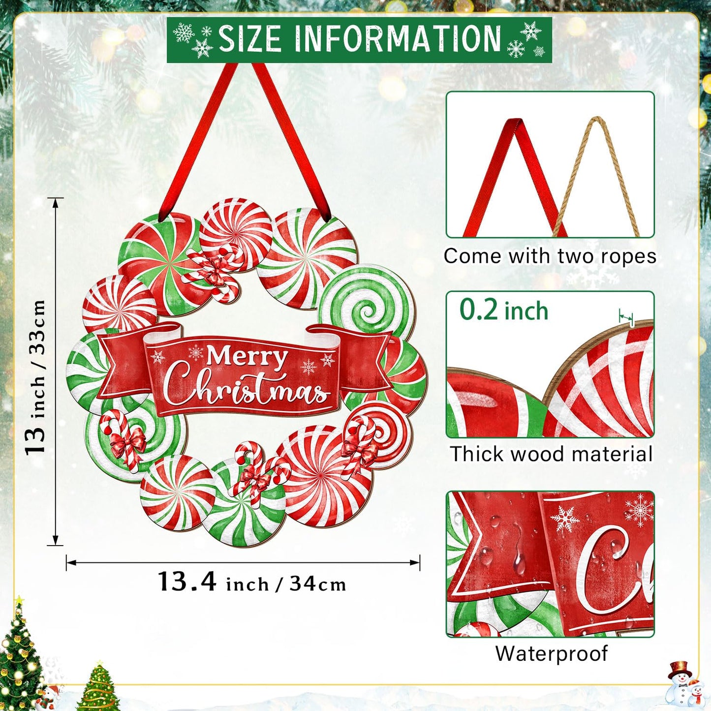 Peppermint Candy Front Door Decor - Merry Christmas Wreath Sign for Xmas Holiday Decorations - Wooden Rustic Door Hanger