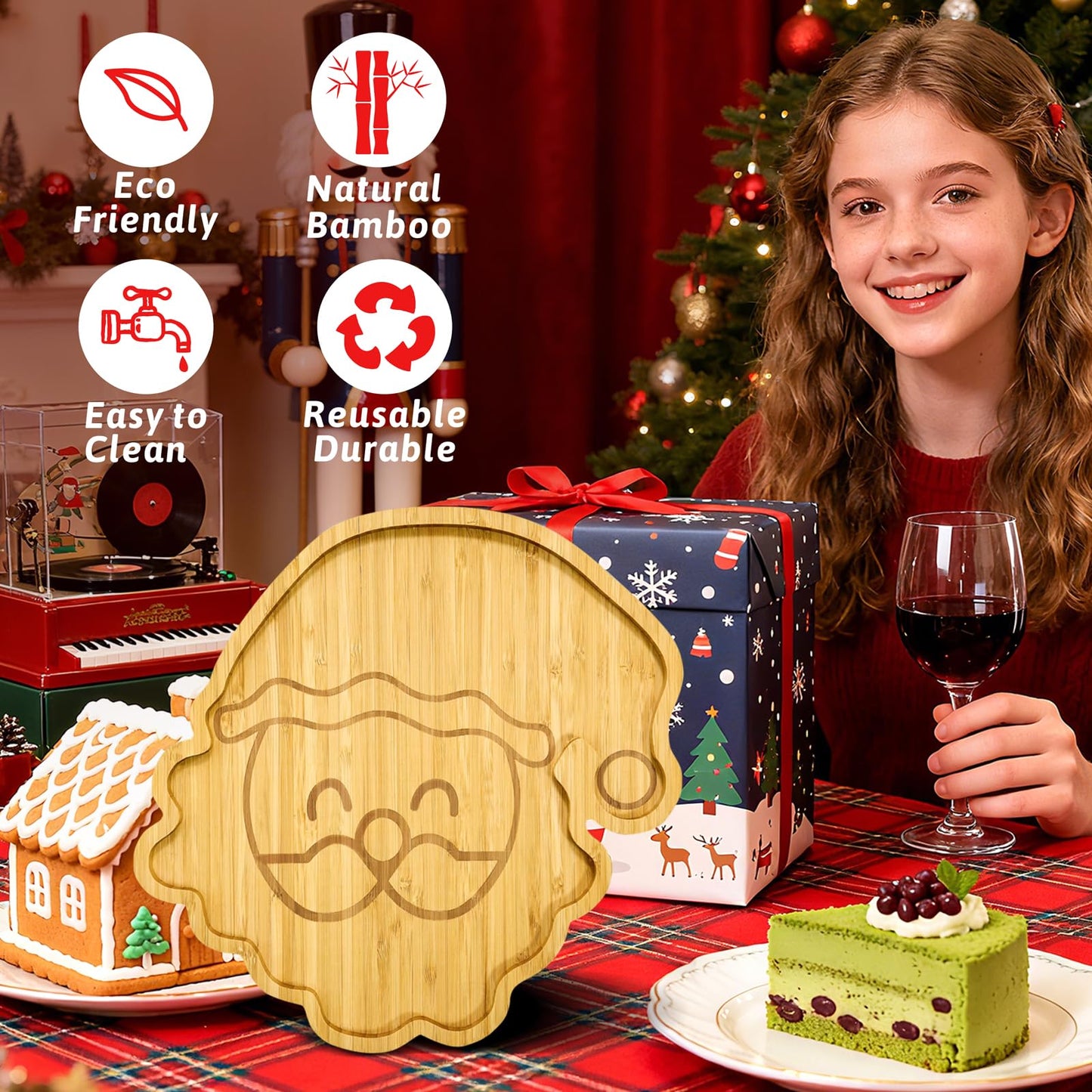 Barri Design Christmas Charcuterie Board Santa Claus Platter Large Wood Xmas Serving Tray Party Decorative Tray Bamboo Wooden Cheese Appetizer Tray Snack Food Dish for Christmas Party Supplies