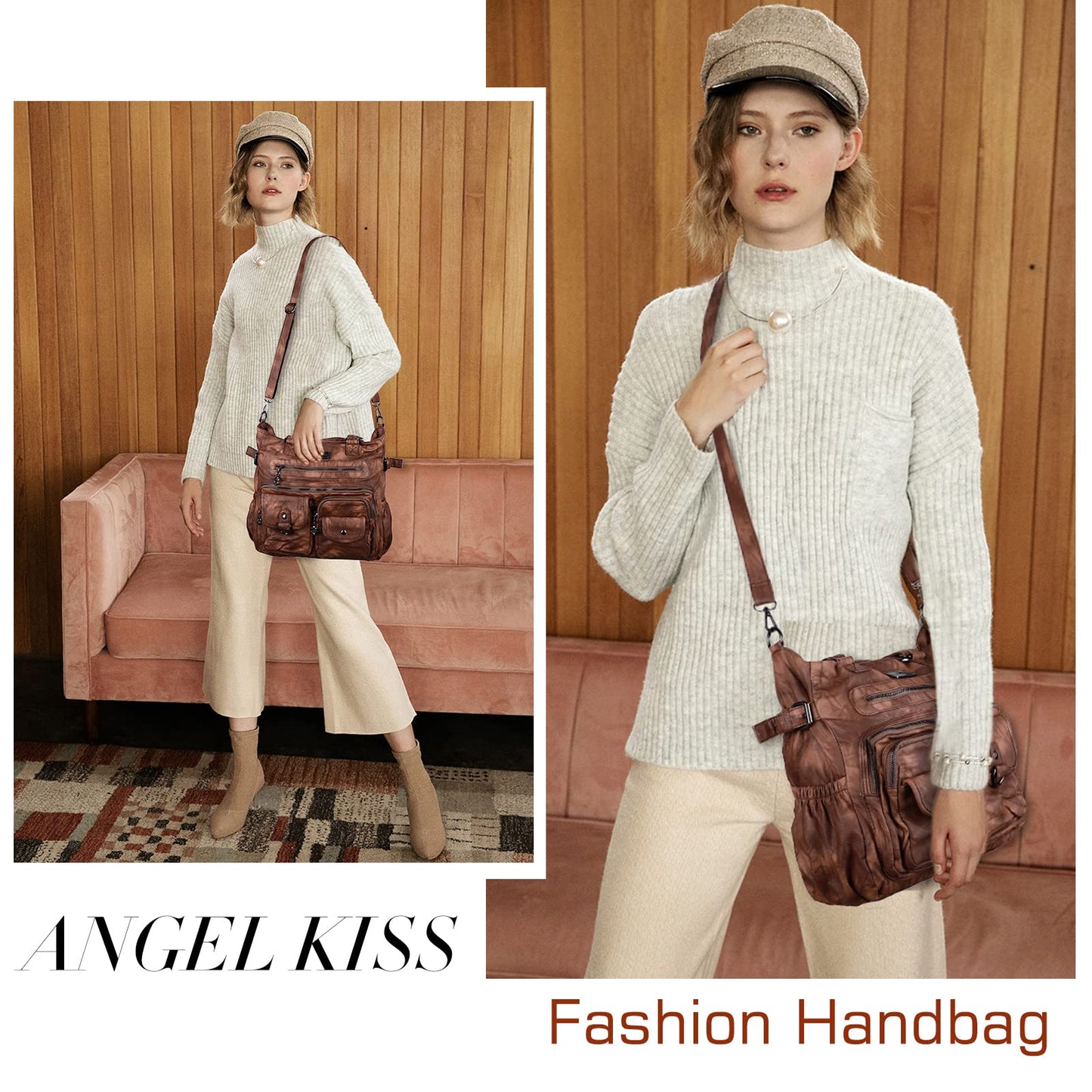 Angel Kiss Large Purses for Women Soft PU Leather Hobo Bag for Women Shoulder Bag Brown
