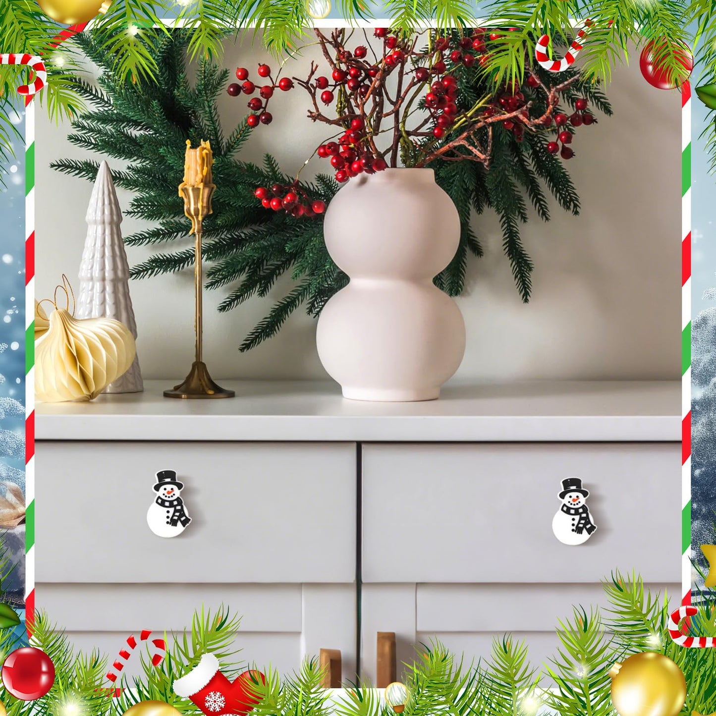 Moxweyeni 12 Pieces Christmas Cabinet Knobs for Kitchen Snowman Knobs Silicone Hand Cabinet Knob Cover Christmas Decorative Drawer Pulls for Xmas Winter Kitchen Home Party Decorations