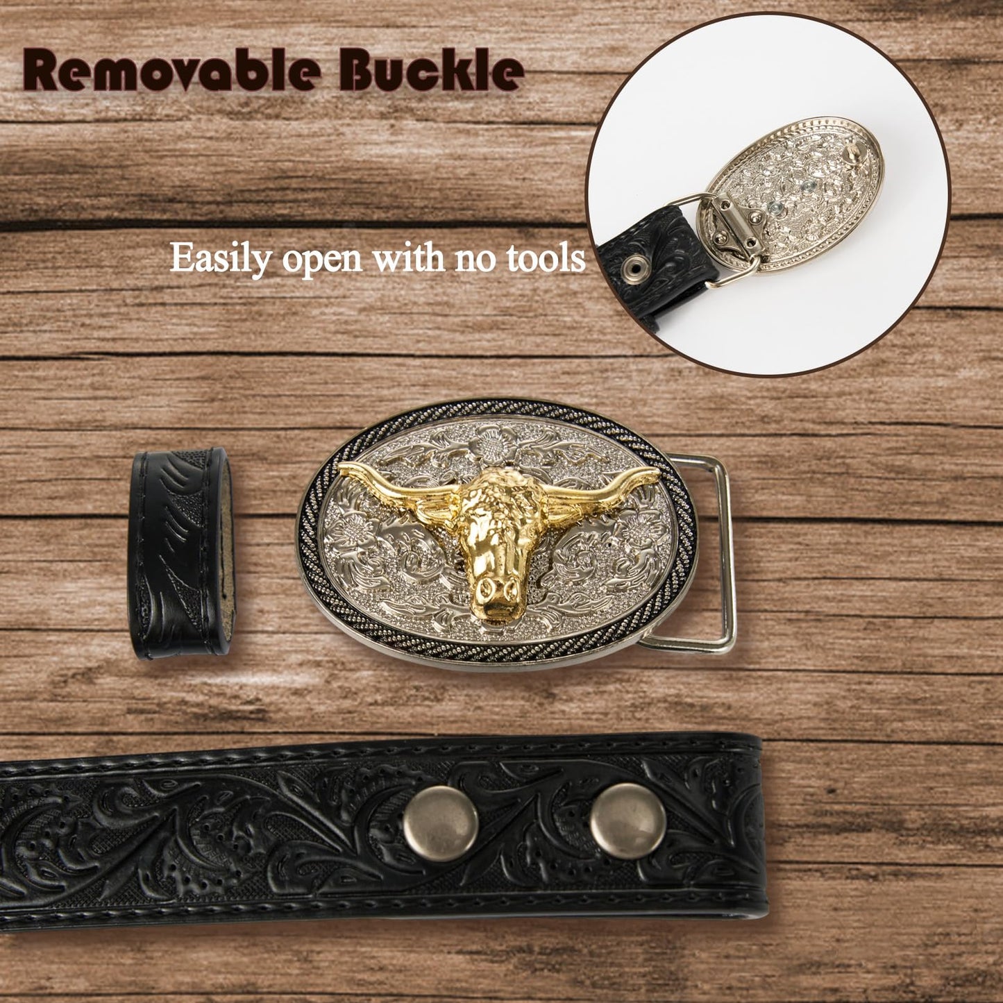 FORTMAC Western Belt–Adjustable Embossed Leather Belt with Longhorn Bull Buckle Black 95cm/37.5"