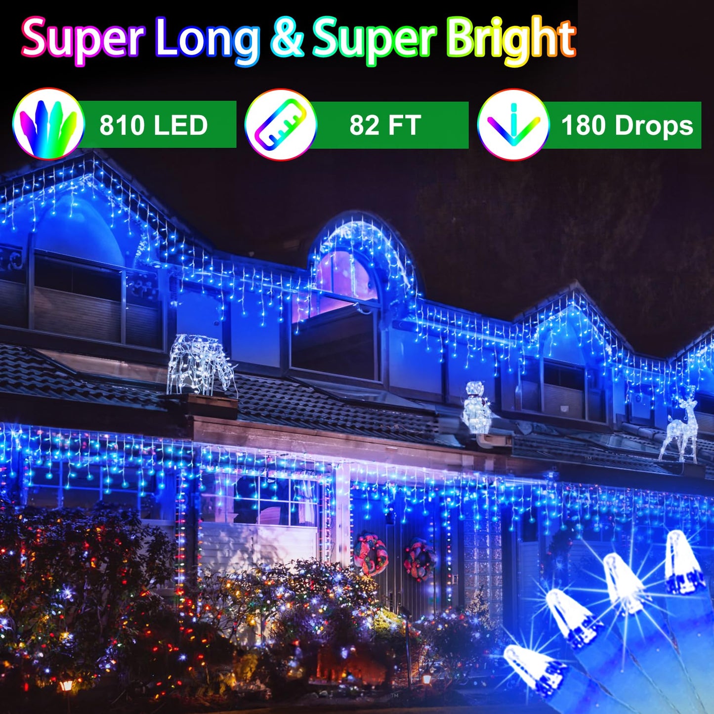 WUXYIYANG 82FT 810 LED Outdoor Christmas Lights - 180 Ice Drops, 12 Pro Modes with Timer Memory & Brightness, Waterproof Hanging Ice String Light for Holiday Wedding Garden Fence House Decor (Blue)