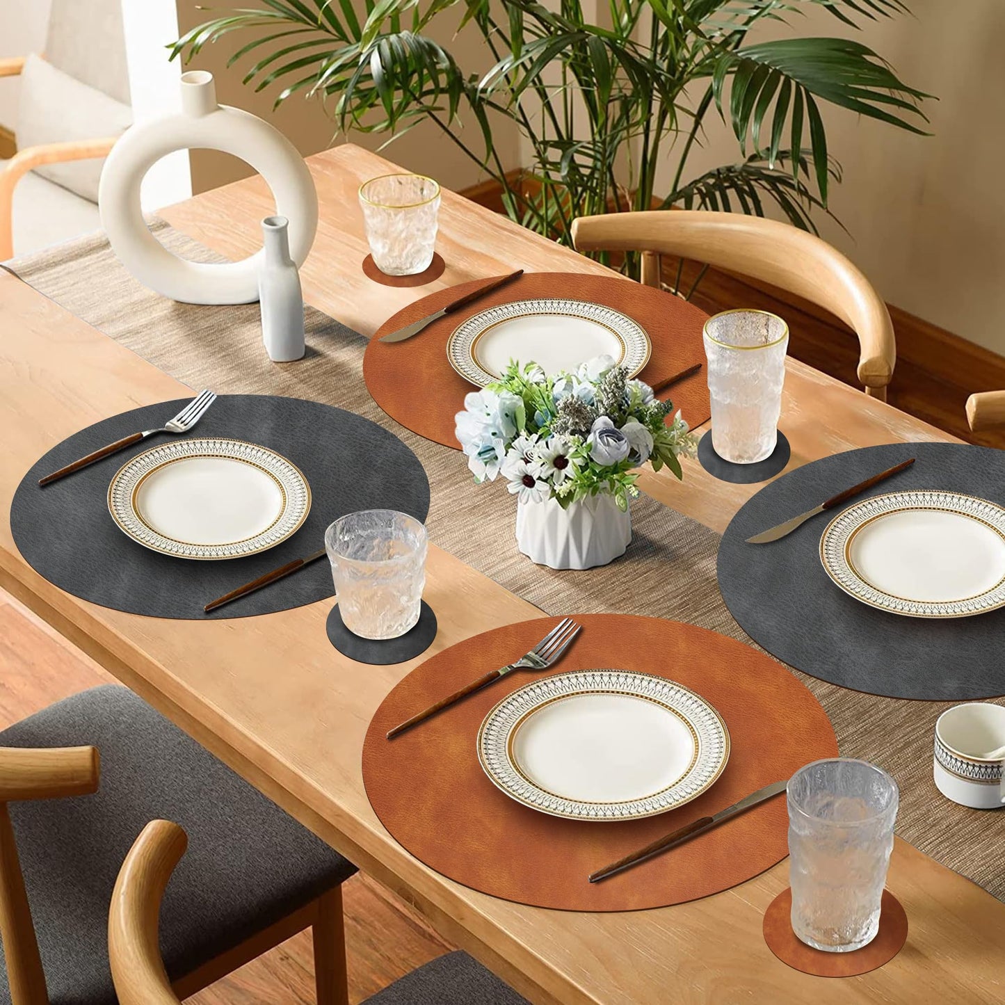 Pixieora Round Placemats and Coasters Set of 8, Washable Reversible Faux Leather Placemats Cowhide Pattern Place Mats Wipeable Non-Slip 15 inch Round Kitchen Dining Table Mats (Gray Brown, 8)