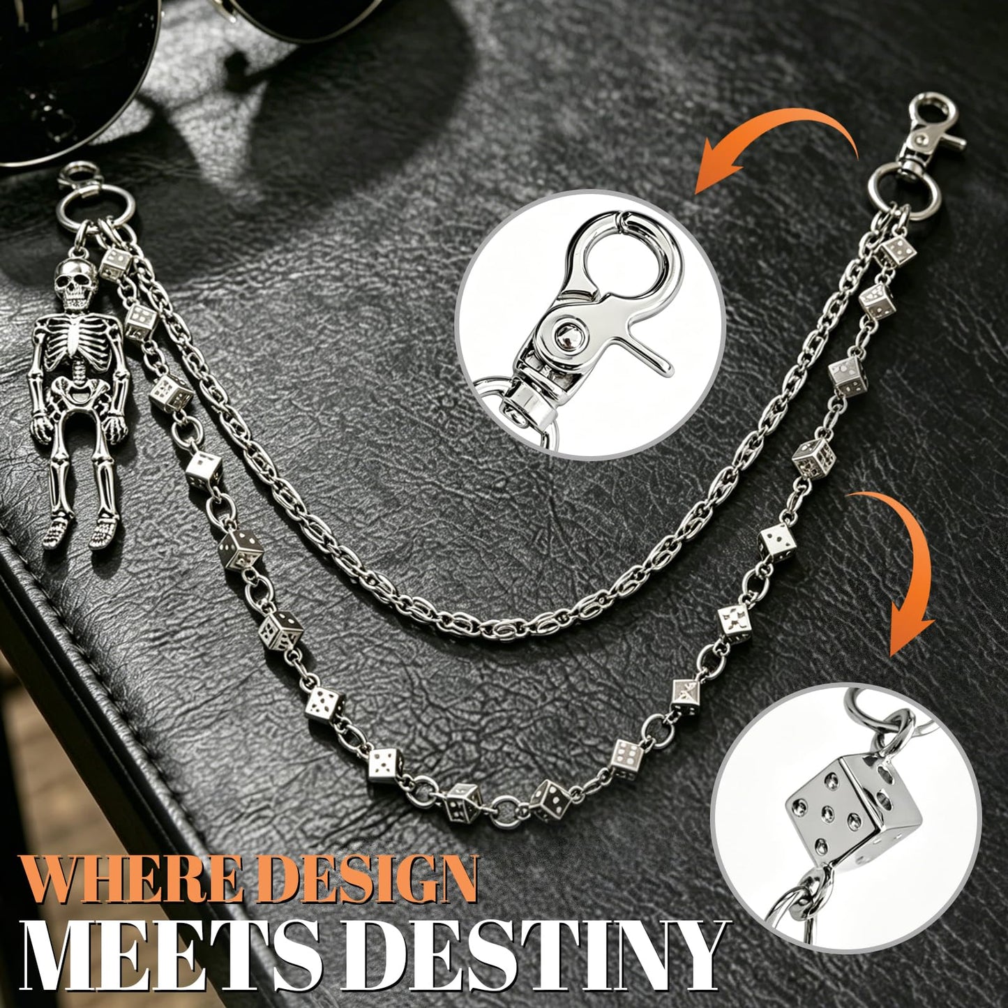 Skull Wallet Chain with 3D Dice Links for Men Women - 2 Layer Punk Pants Chain with Gothic Metal Ornament, Heavy Duty Biker Jean Chain Grunge Belt Loop Accessories for Eboy Egirl Streetwear(Silver)
