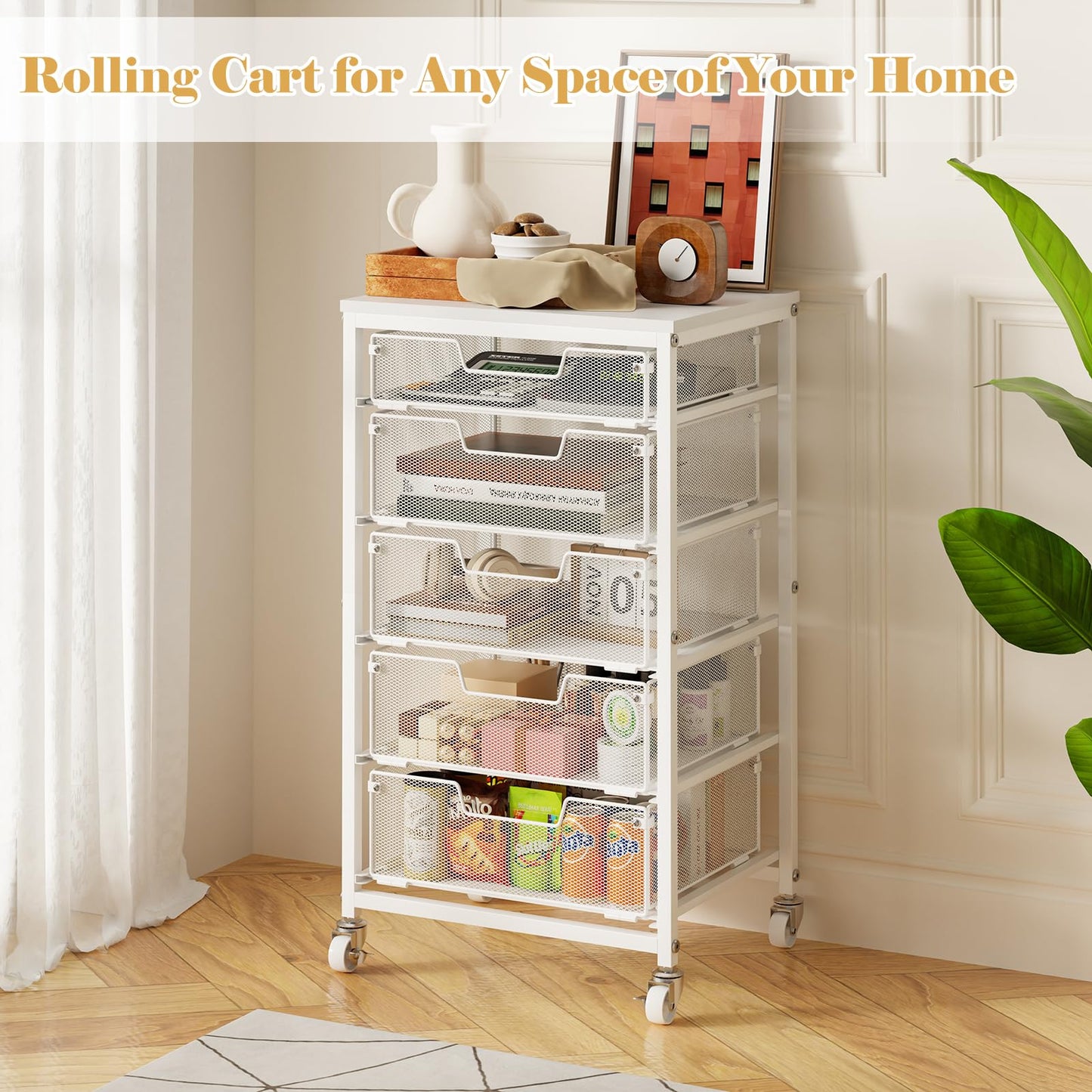 Sbanmao Utility Cart with 5 Drawers, Rolling Storage Cart with Wooden Tabletop and Lockable Wheels, Storage Drawer Cart with Drawers, Craft Cart for Bedroom, Classroom, Home, Office, White