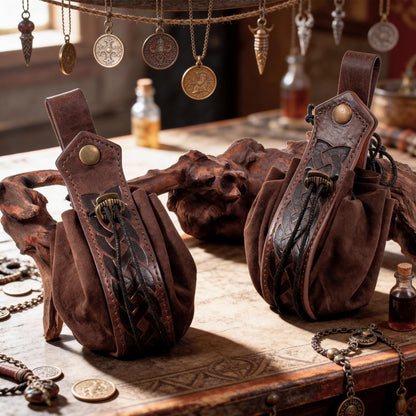 SUMGOGO Medieval Belt Pouch, Faux Leather, Renaissance Style, Small Drawstring Coin Purse, 2 Pack (A-Brown)