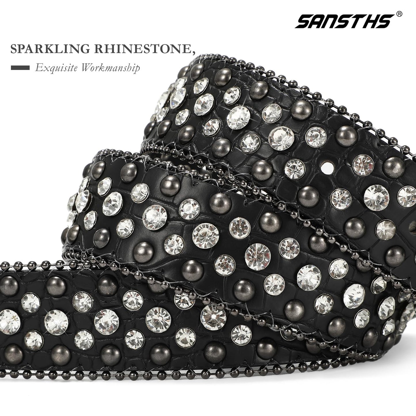 SANSTHS Women Rhinestone Belt for Jeans, Western Cowgirl Bling Studded Belt Faux Crocodile Grain Leather, Black L