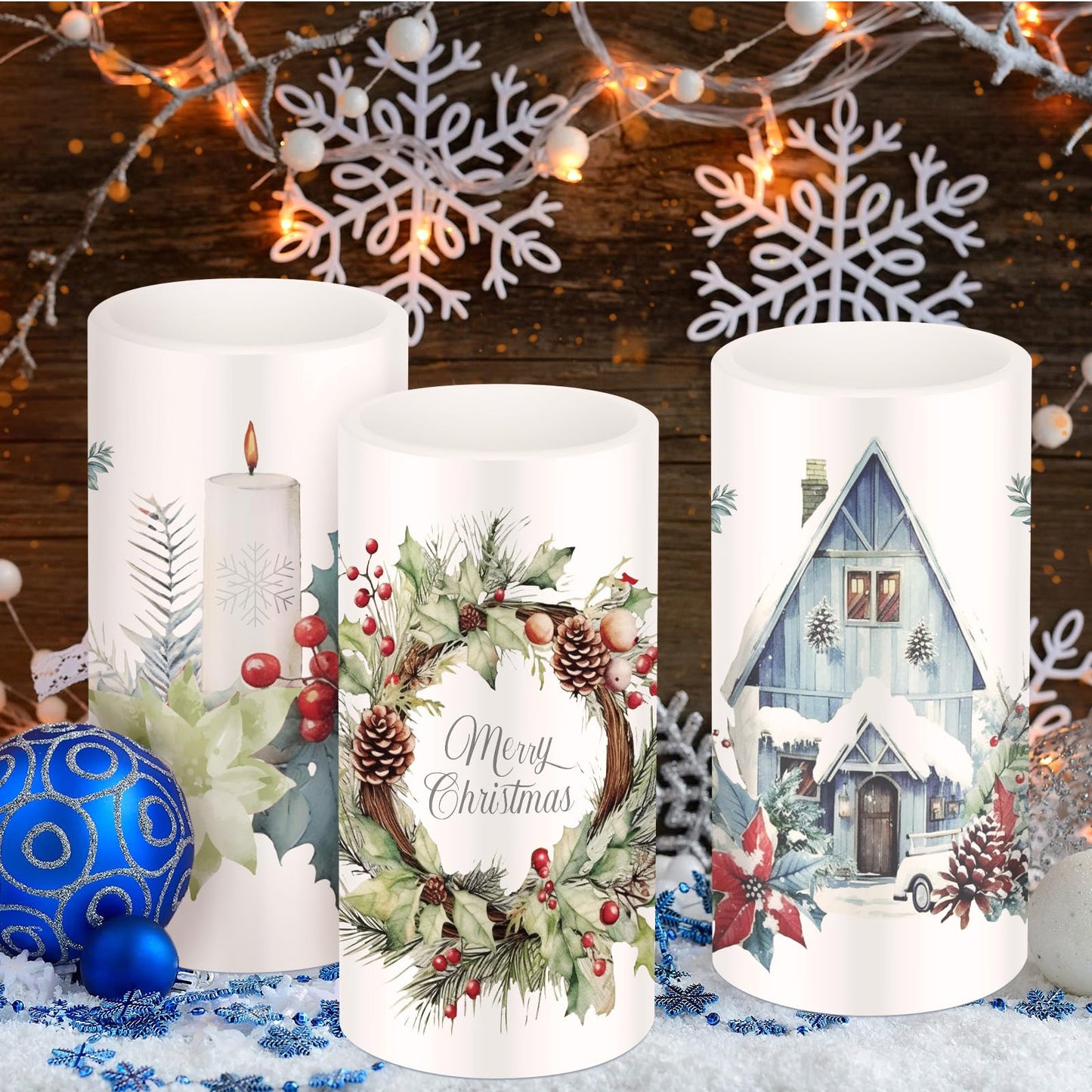 Retisee 3 Pcs Farmhouse Christmas Flameless Candles with Remote Rustic Christmas Battery Operated LED Candles Farmhouse Xmas Decor for Rustic Xmas Holiday Dining Table Bedroom Living Room