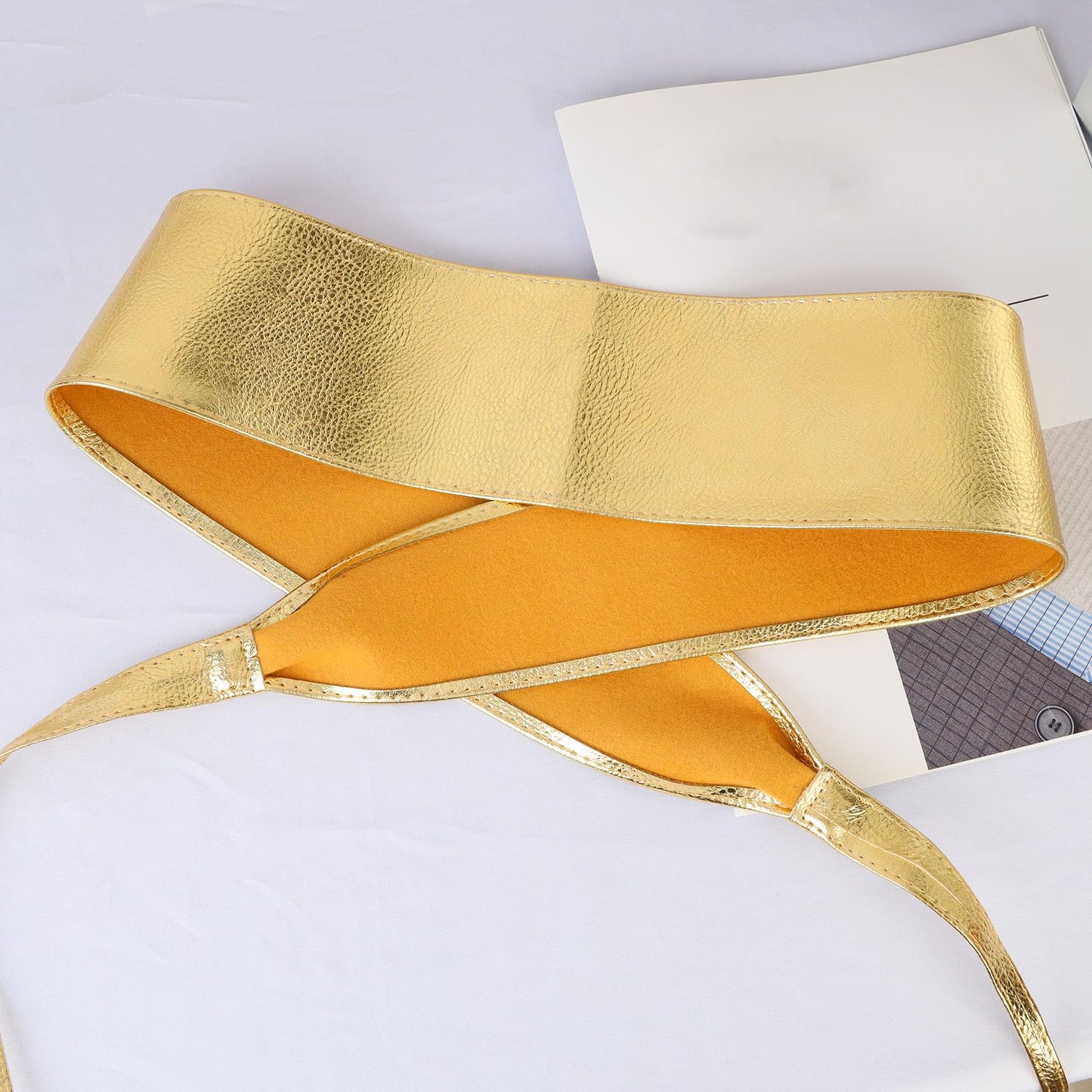 JAZTAKU Womens Soft Faux Leather Belt Gold Waist Belt Self Tie Wrap Around Obi Waist Band Cinch Belt