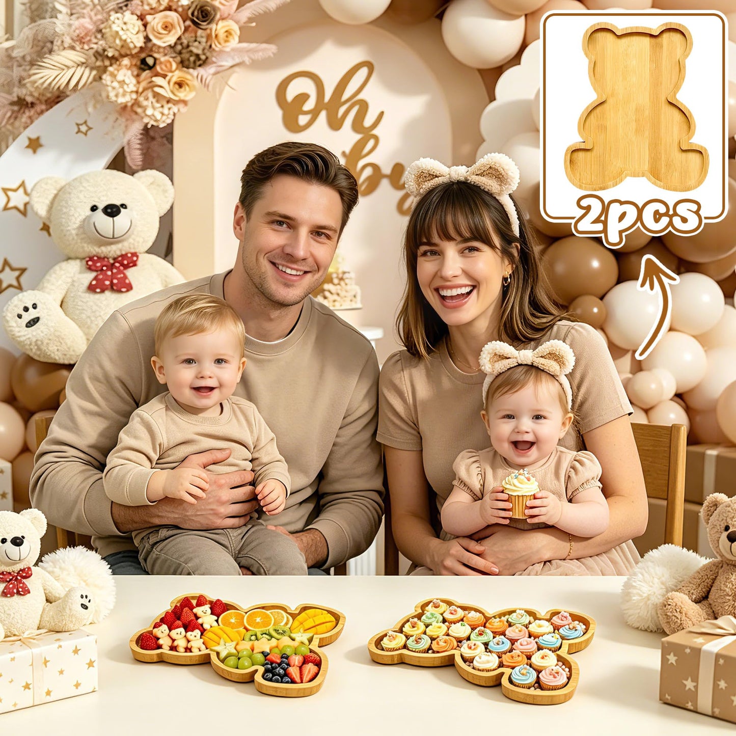 2pc Charcuterie Boards Platters Bear Baby Shower Food Trays Wooden Bear Party Decorations Gender Reveal Food Display Snack Tray Kids Birthday Party Plates Fillable Serving Board for Fruit Cheese