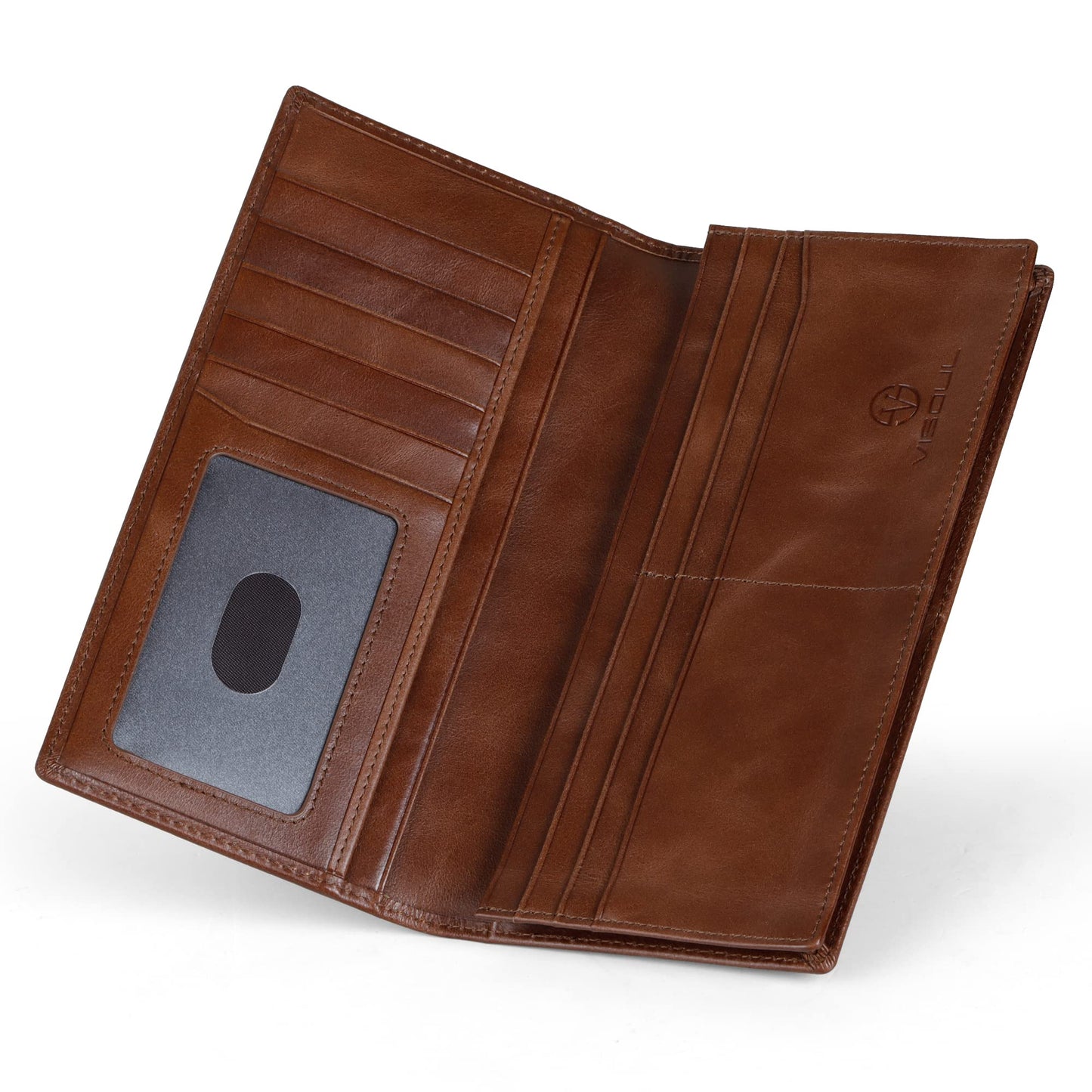 VISOUL Leather Checkbook Cover Wallet for Men with RFID Blocking, Mens Long Bifold Cash Tall Wallet with 11 Credit Card Slots 1 ID Window (Brown)