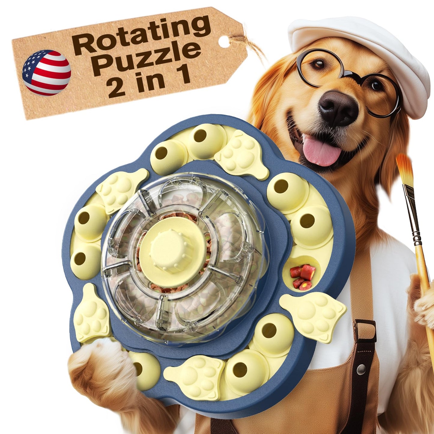 KADTC Dog Spinning Puzzle Toy Level 3 in 1 Treat Dispenser Kibble Dispensing Toys for Small/Medium/Large Dogs Slow Food Puzzles Feeder Puppy Brain Mental Stimulation Interactive Enrichment Mind Game