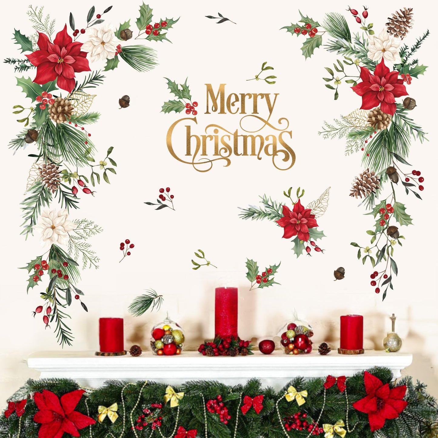 Wondever Christmas Flower Wall Stickers - Leaves and Floral Window Wall Art Decals for Xmas Party, Living Room