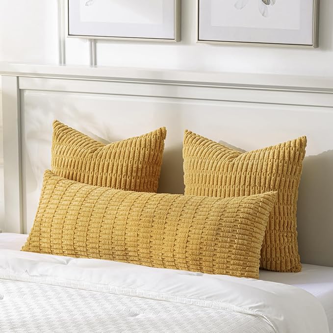 Fancy Homi Mustard Yellow Long Body Lumbar Lumbar Decorative Throw Pillow Covers 20x54 Inch for Bed Couch Bedroom Bench, Soft Corduroy Rectangle Solid Pillow Case, Rustic Farmhouse Boho Room Decor