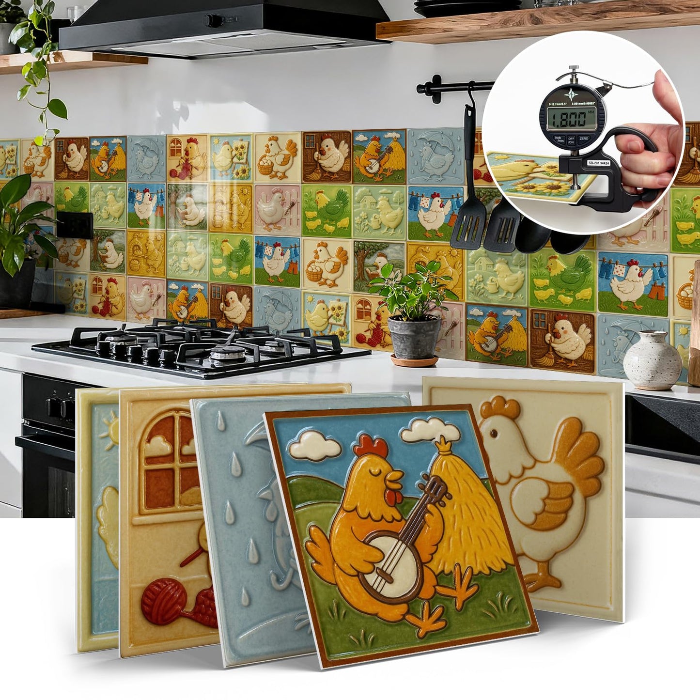 Art Deco Cute 3D backsplash Tiles for Kitchen Bathroom RV ladundry wall Decor,Decorative smart Tile Stickers Stick on backsplash with Hen Picture