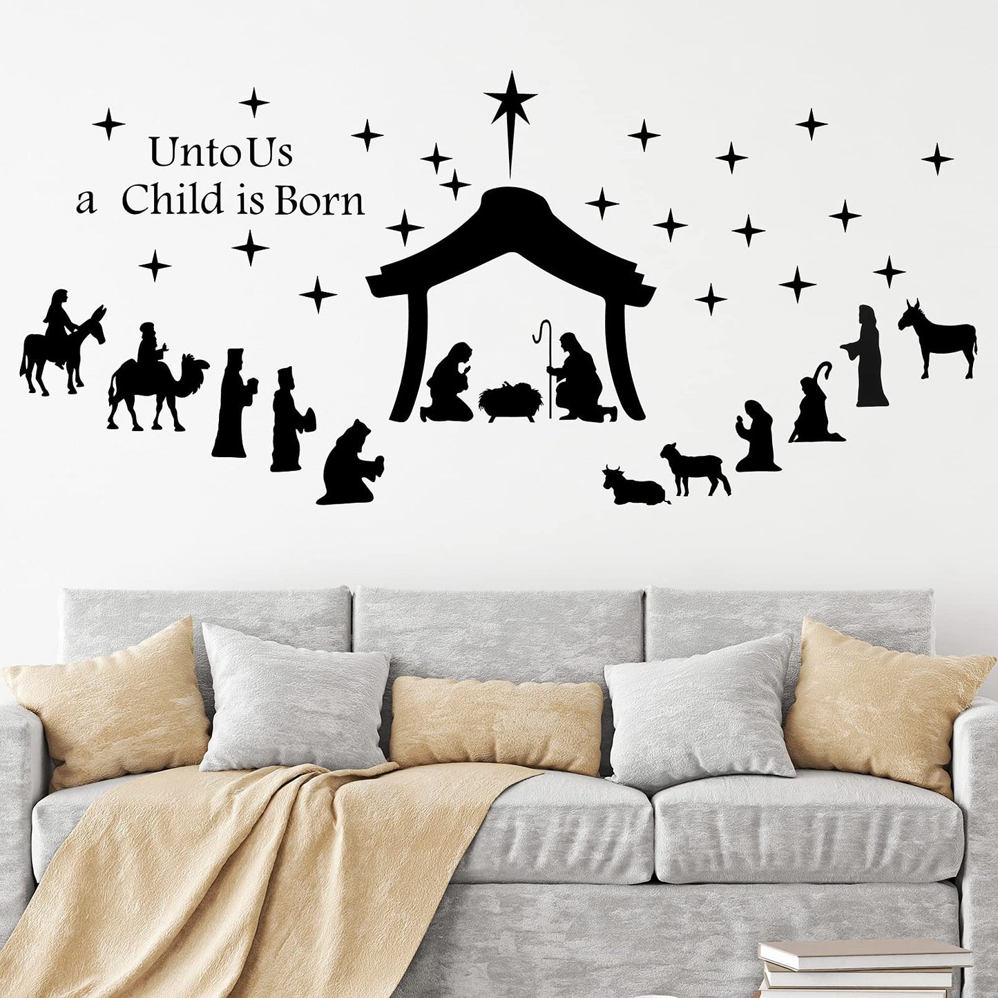 Chinco Large Christmas Nativity Scene Wall Decor Stickers Nativity Vinyl Wall Decal Christmas Decorations Religious Murals Modern for Xmas Room Decor, Black(Unto Us A Child is Born)