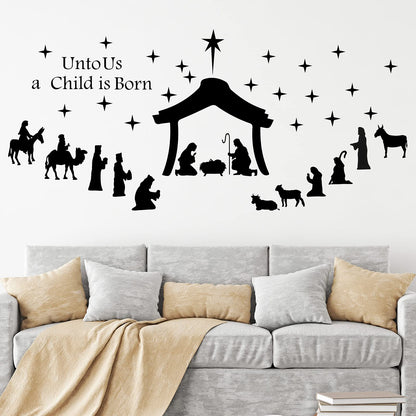 Chinco Large Christmas Nativity Scene Wall Decor Stickers Nativity Vinyl Wall Decal Christmas Decorations Religious Murals Modern for Xmas Room Decor, Black(Unto Us A Child is Born)