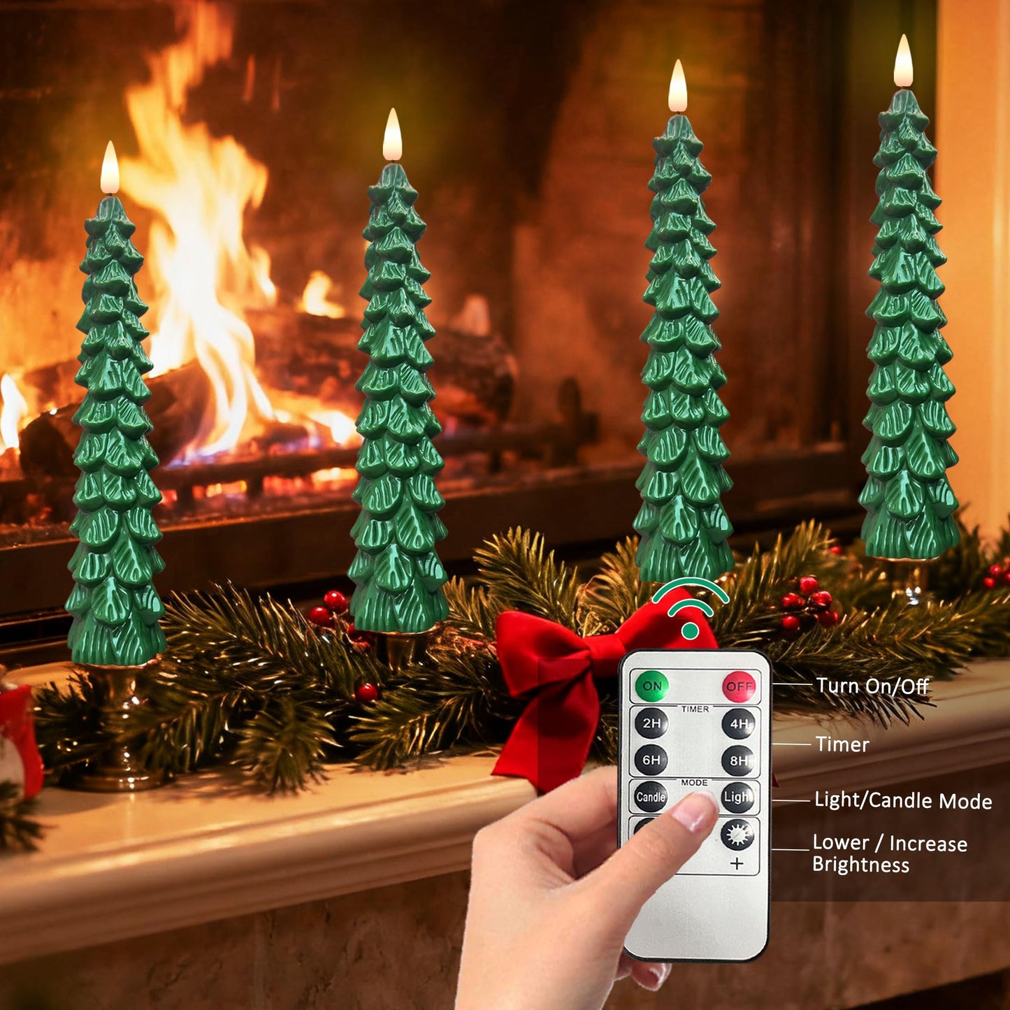 Qaeshi Christmas Tree Candles with Remote, Real Wax LED Flameless Taper Candles, Battery Operated 3D Flickering Candlesticks, Tree Taper Candle for Window Home Christmas Table Decorations (4pcs)