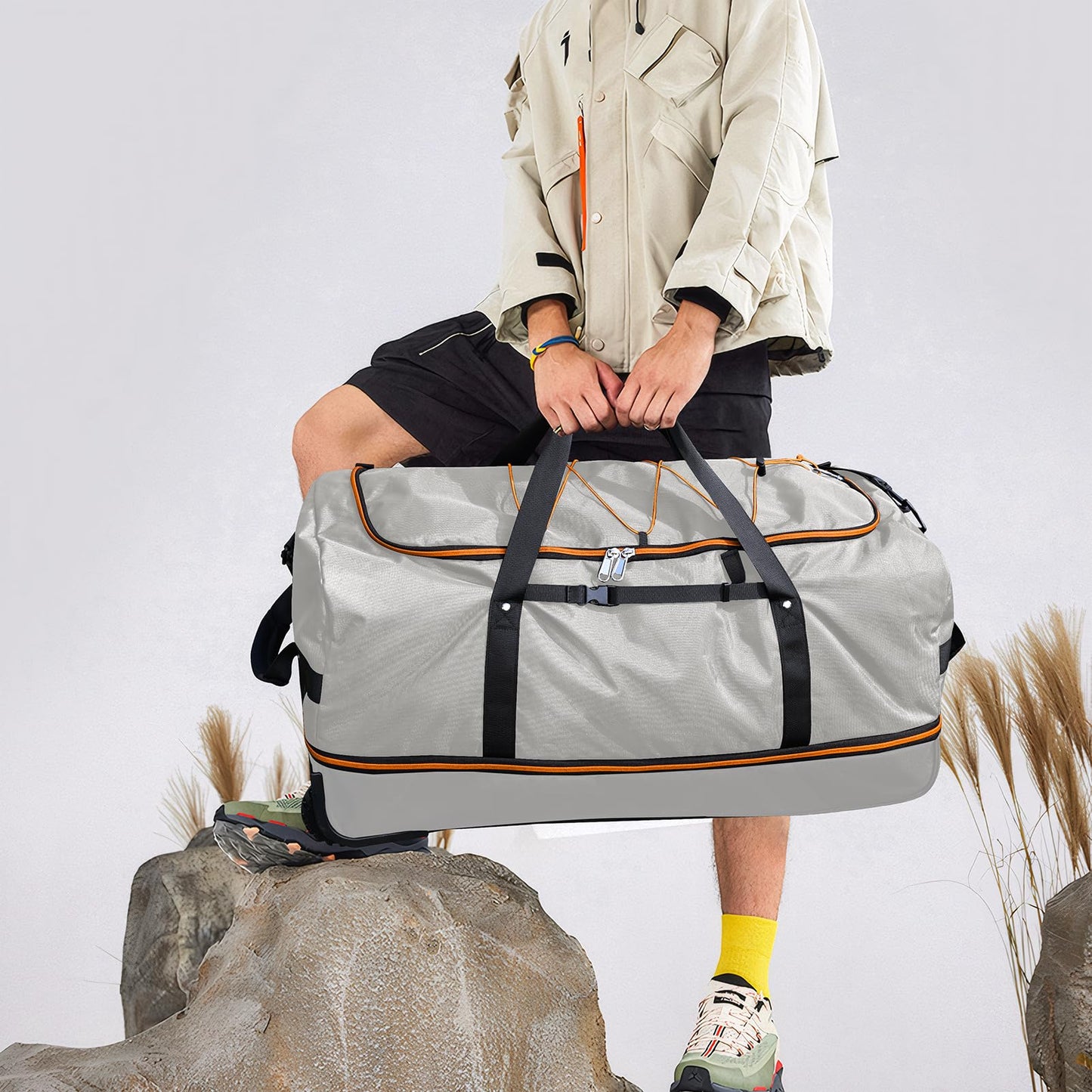 Morthanabag 32” 1680D Oxford Foldable Duffle Bag with 2 Wheels,110L to 140L Expandable Soft Sided Rolling Travel Bag,Grey