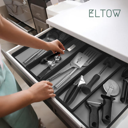 ELTOW Large Expandable Silverware Drawer Organizer, 8 Compartment Non-Slip & Adjustable Silverware Organizer for Drawer, Kitchen Organization for Utensils, Cutlery, Silverware Tray (Black)