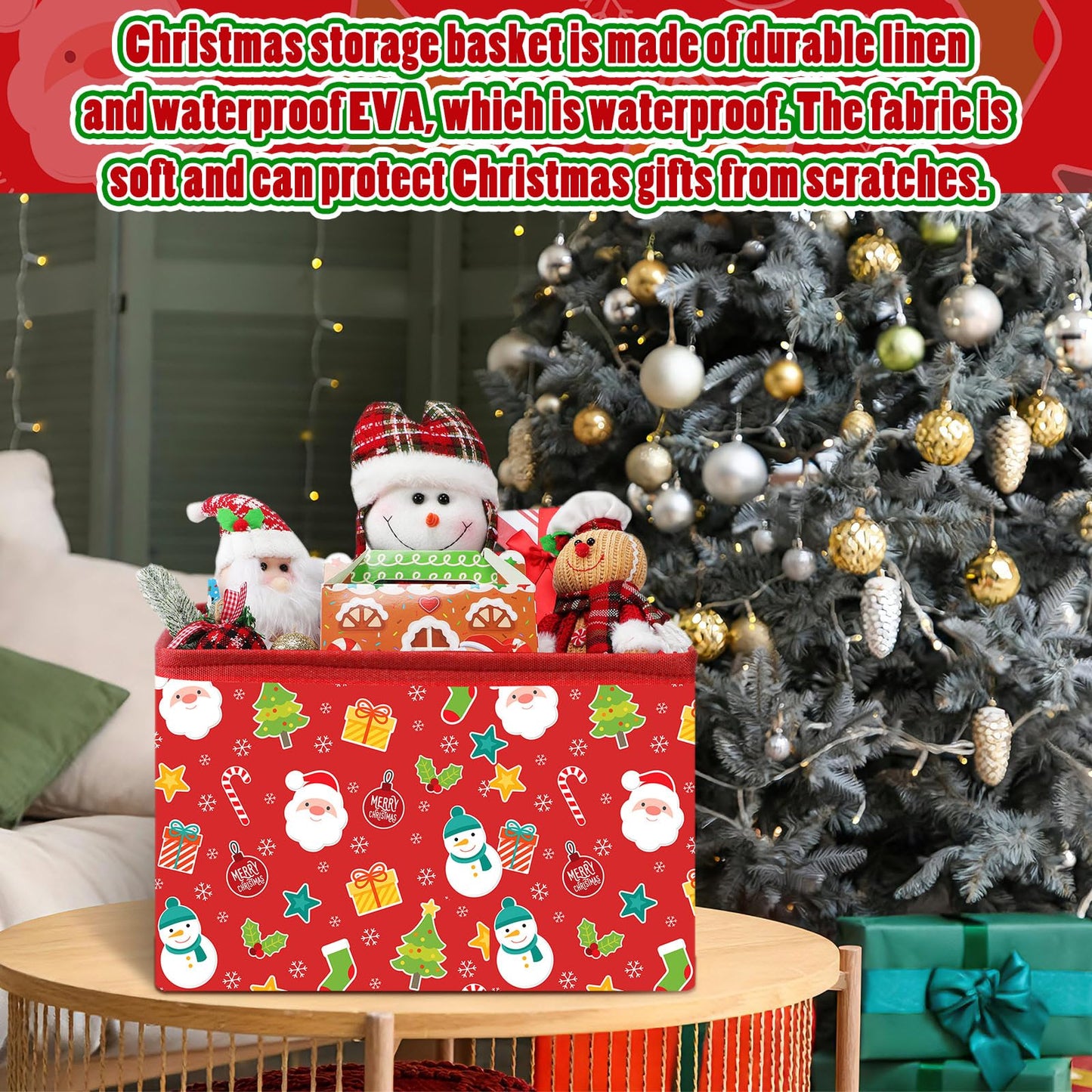 Acellegic 4 Pcs Large Christmas Storage Basket 15 x 10 x 9.5 Inch Foldable Christmas Storage Bins with Handles & Drawstring Lid Xmas Bins Cotton Laundry Organizer for Holiday Bedroom Home(Cheerful)