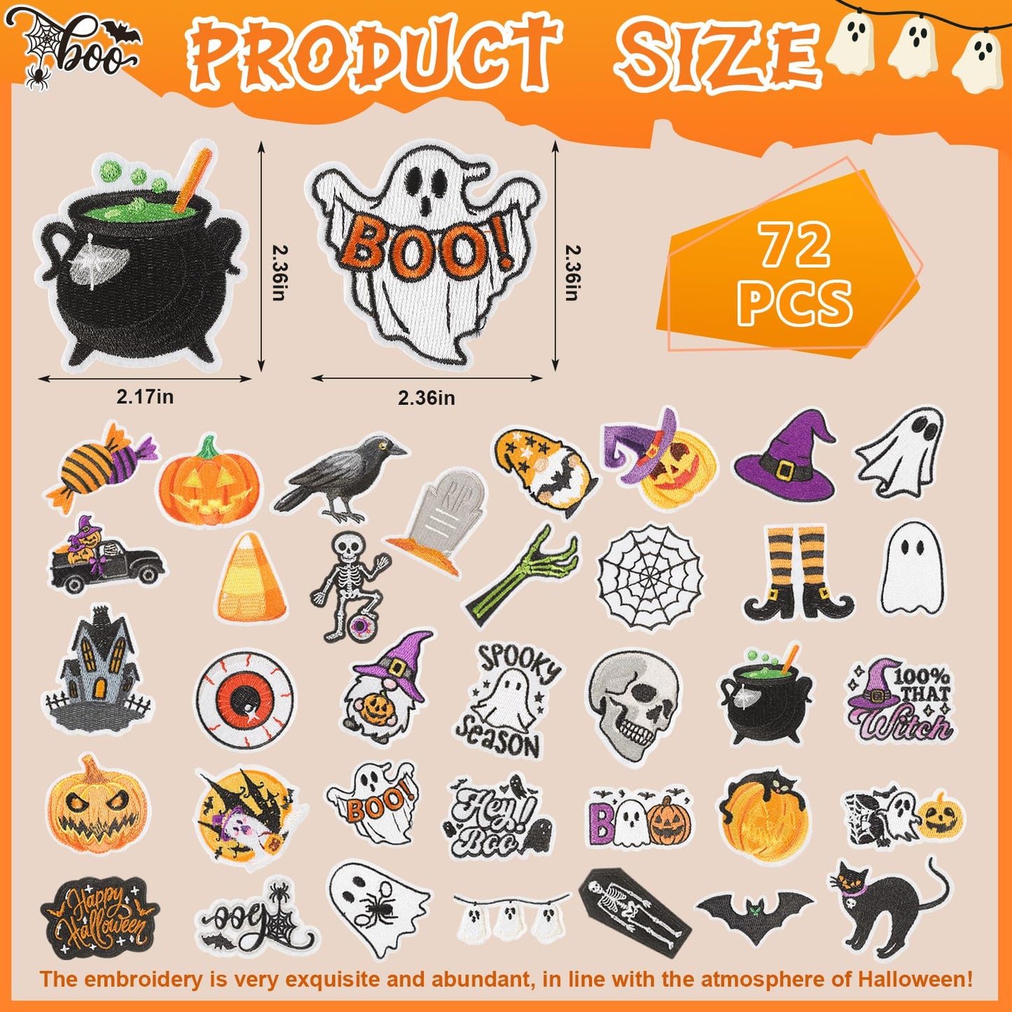 Janinka 72 Pcs Halloween Iron on Patches Boo Pumpkin Bat Ghost Sew on Embroidered Applique Rrepair Patch DIY Crafts Festive Gifts for Halloween Clothing Hat Bag Backpack DIY Crafts Decor