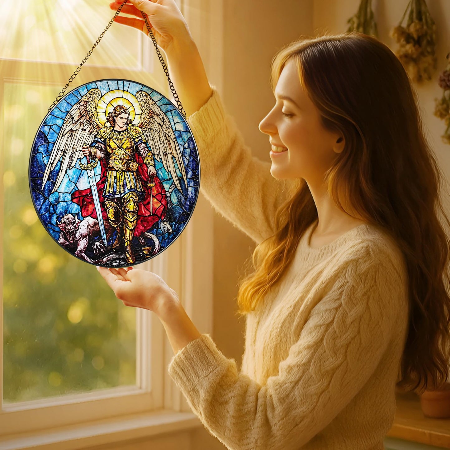 Stained Glass Suncatcher, Archangel Michael Sun Catcher Ornament; Stained Glass Window Hanging, Spiritual Protection Decor, Christmas Ornament; Christian Gifts, Religious Gifts