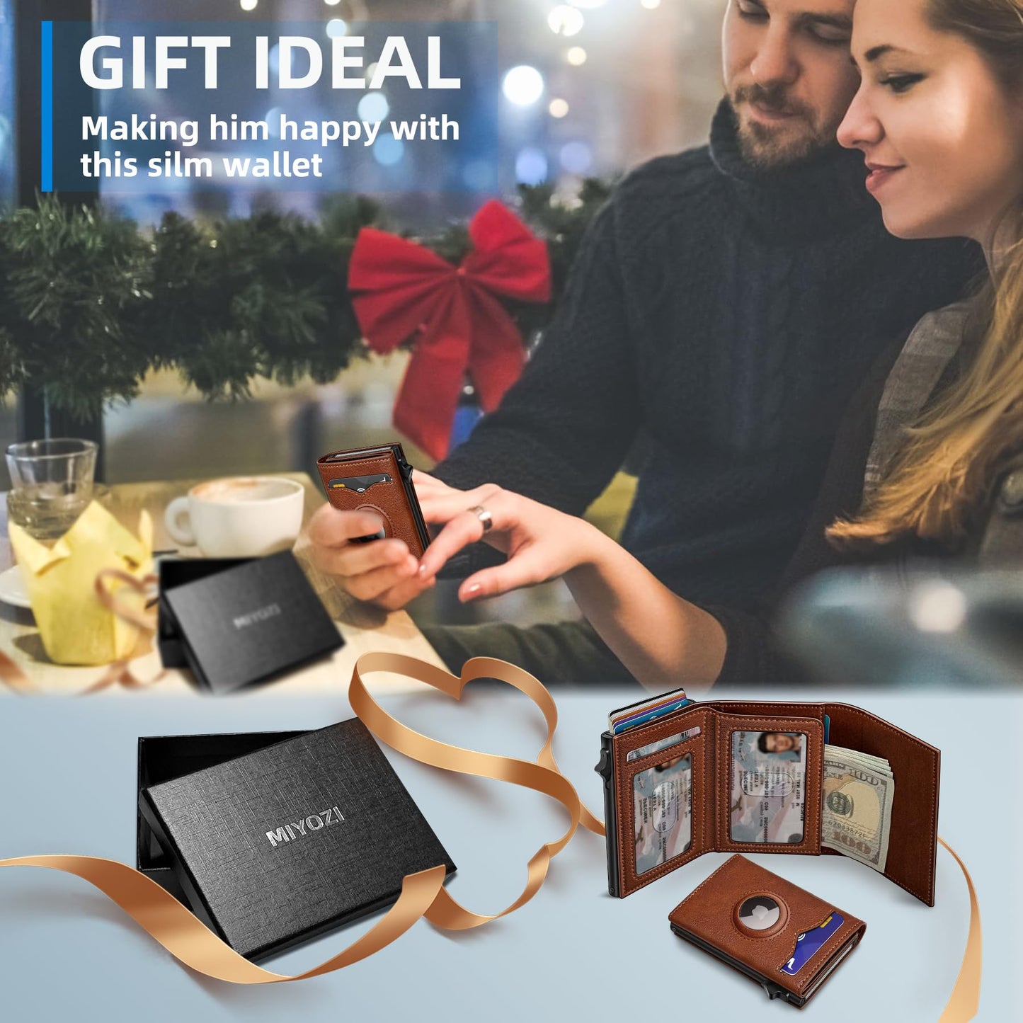 miyozi Airtag Wallet for Men,with Cash Pocket 2 ID Window 9-12 Cards,Metal Case Smart Slim Pop Up Credit Card Holder Flip with Magnetic Closure RFID Blocking Trifold wallet with Gift Box