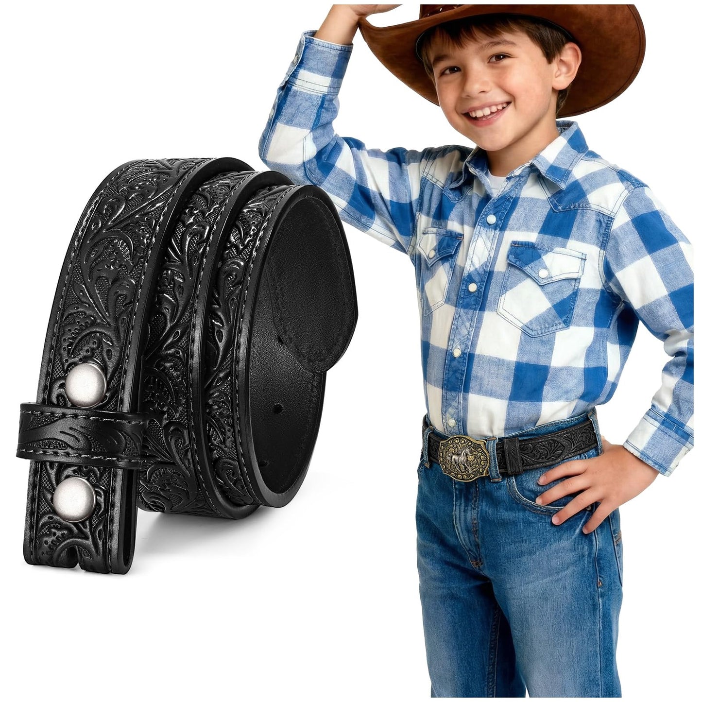 SANSTHS Kids Western Belt without Buckle Genuine Leather Boys Girls Belt Strap Cowgirl Cowboy Belts for Jeans Western Gifts, Embossed Leaf/Black