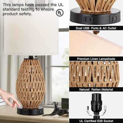Touch Control Rattan Table Lamps, 3 Way Dimmable Bedside Lamps for Bedroom with 2 USB Ports and AC Outlet, Wicker Nightstand Lamps for Living Room Home Office (LED Bulbs Included)