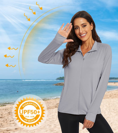 MAGCOMSEN Lightweight Jacket for Women UV Protection Long Sleeve Shirts Quick Dry Running Hiking Shirts Light Grey M