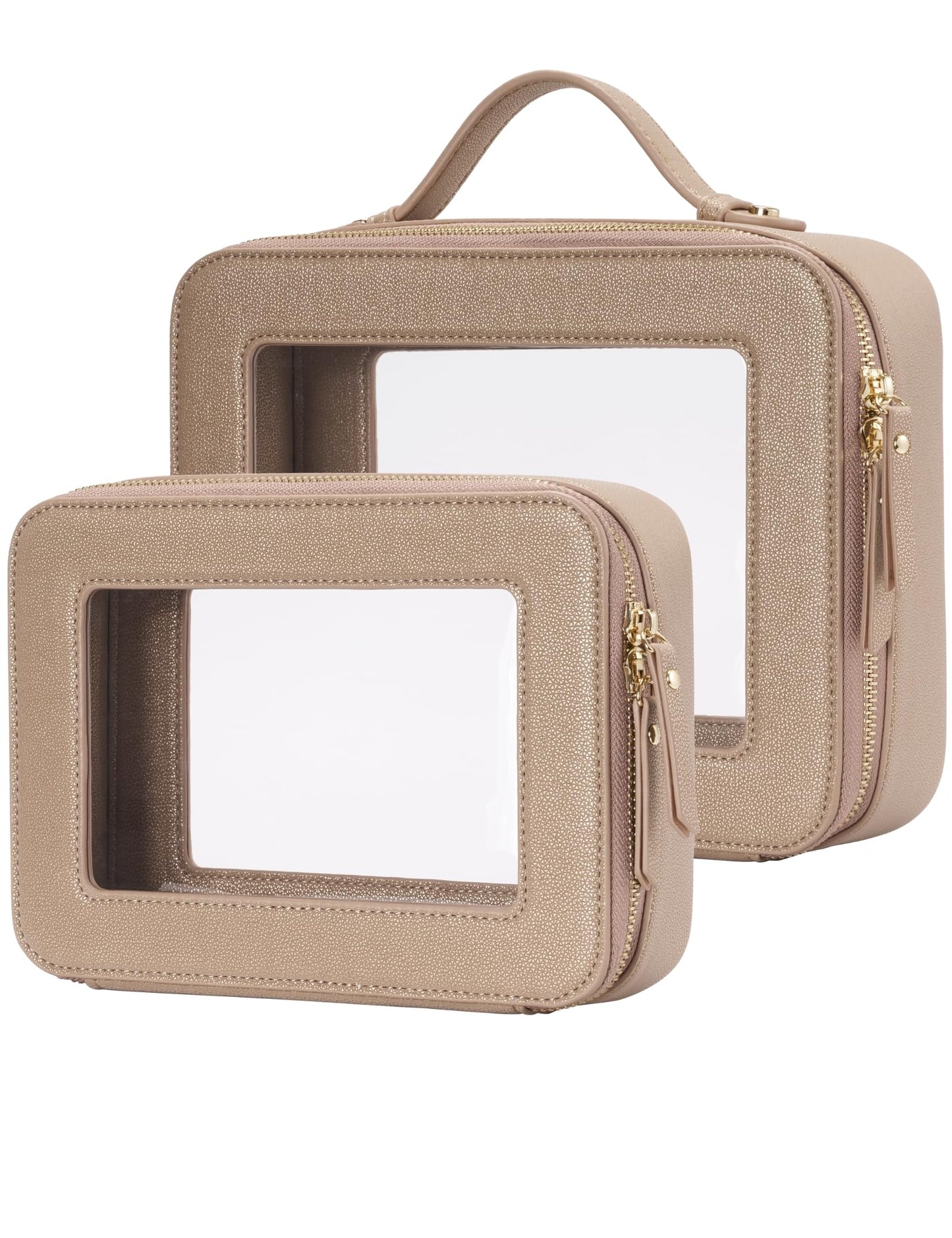 Popvibe Clear Makeup Bag Travel Cosmetic Case Transparent Toiletry Bag with Zipper, Portable Make Up Organizer Traveling Compact Car Bag for Essentials, Gold, Medium and Large