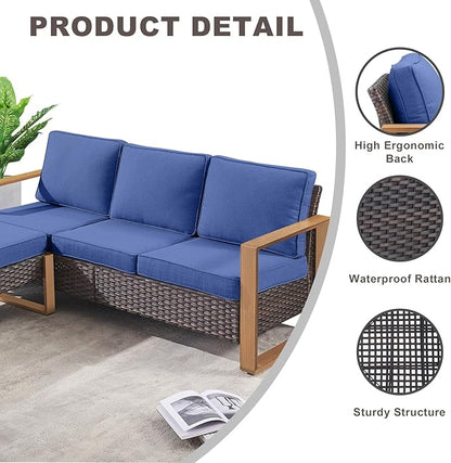 Rilyson Outdoor Wicker Patio Furniture Set - 5 Piece Patio Conversation Set with 2 Wicker Armrest Chairs,2 Rattan Ottoman and 1 Couch,Sturdy Frame,Thick Cushions,Deep Seating(Brown/Blue)