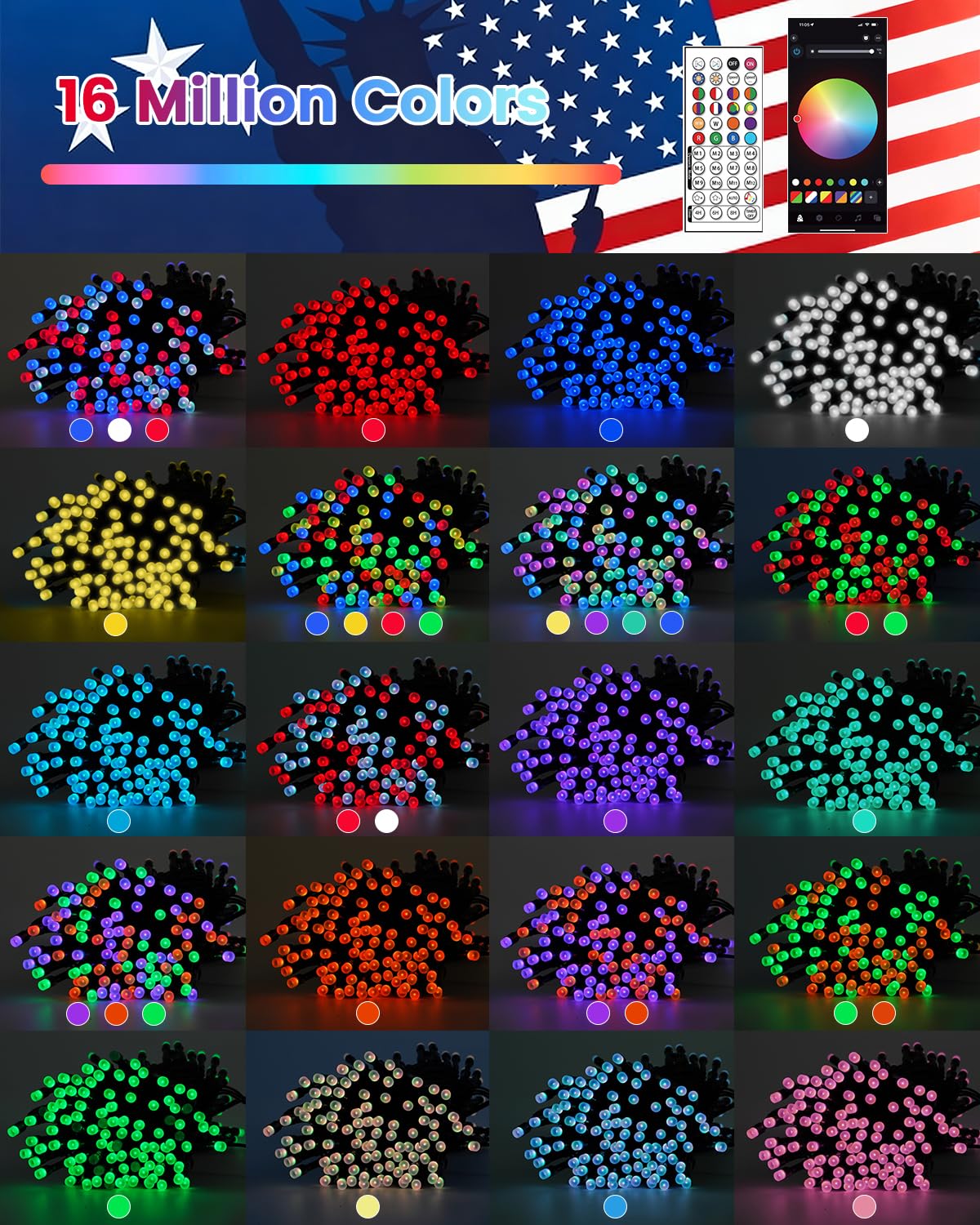 200LED Smart 4th of July String Lights | 82FT App Controlled Red White and Blue American Flag Lights, Waterproof Patriotic RGB Color Changing String Lights with Remote & Timer Outdoor for Memory Day