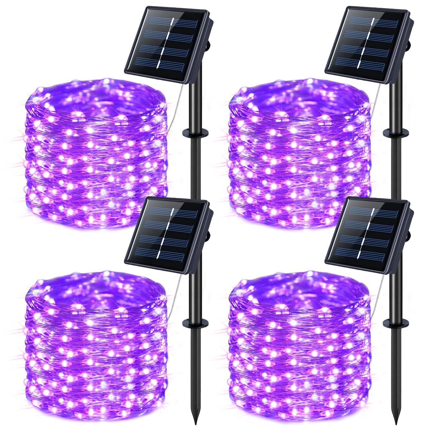 JMEXSUSS 4 Pack Purple Solar String Lights Outdoor Waterproof, 100 LED 33ft Purple Solar Fairy Lights, 8 Modes Copper Wire Christmas Light for Halloween Christmas Garden Yard Tree Decor