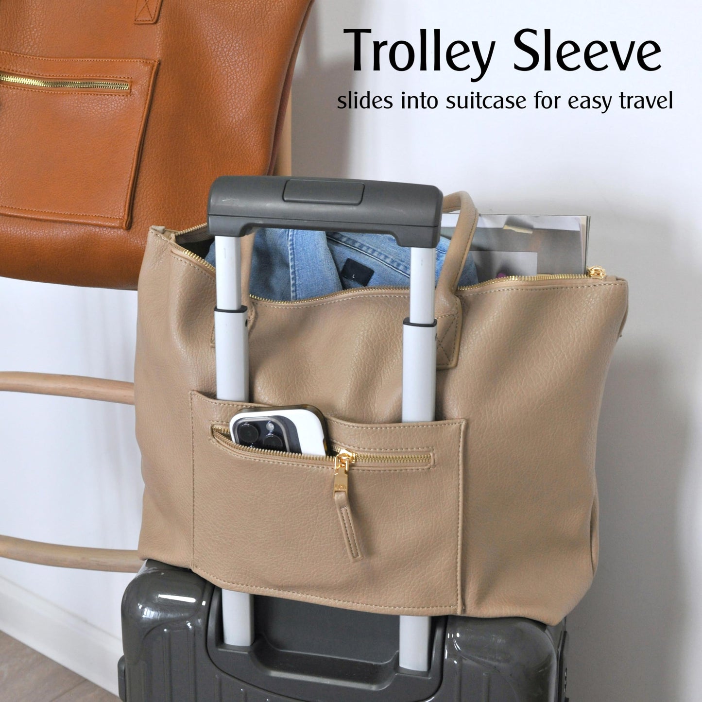 Tote Bag for Women with Zipper Vegan Leather Handbag with Trolley Sleeve Travel Weekender Carryall Bag (Nude)
